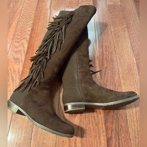 MARK FISCHER WOMENS Myndee Dark Brown SUEDE/KNIT Fringe Boots SZ. 7M w/Box
